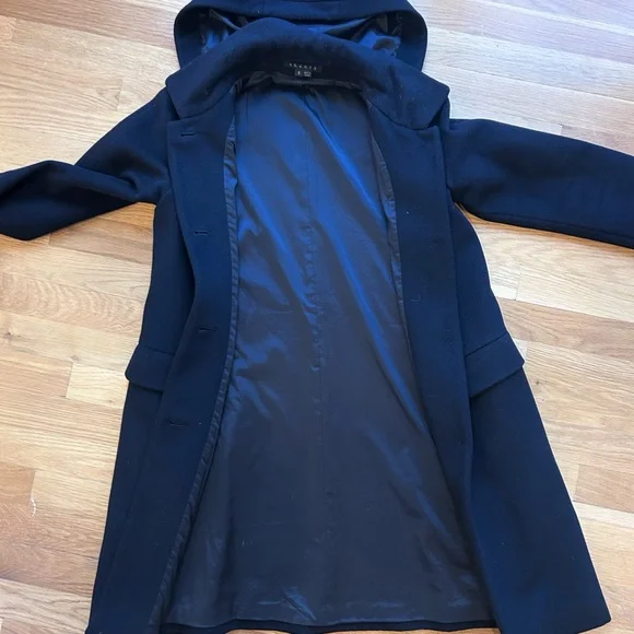 Women’s Theory Black Wool Coat with Hood - Size Small - Picture 3 of 3